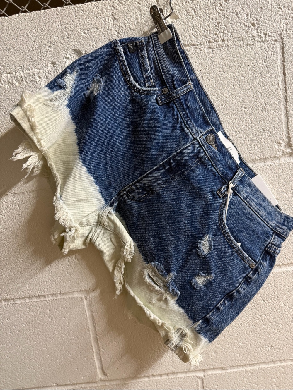 KanCan Two-Tone Blue and Cream Distressed Denim Shorts